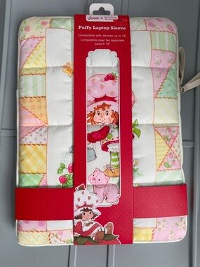 Strawberry Shortcake Puffy 16” Laptop Sleeve - Pastel Patchwork Pink & Green